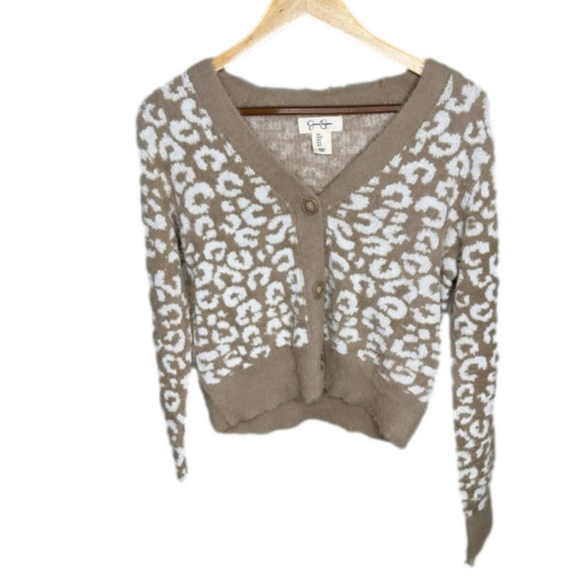 Jessica Simpson Sweaters - NWT Jessica Simpson Beige & White Animal Print Fuzzy Cropped Cardigan - Small